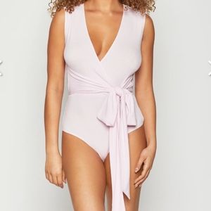 BCBGeneration Surplice Wrap Tie Ribbed Bodysuit Lilac Medium Women's Shirt